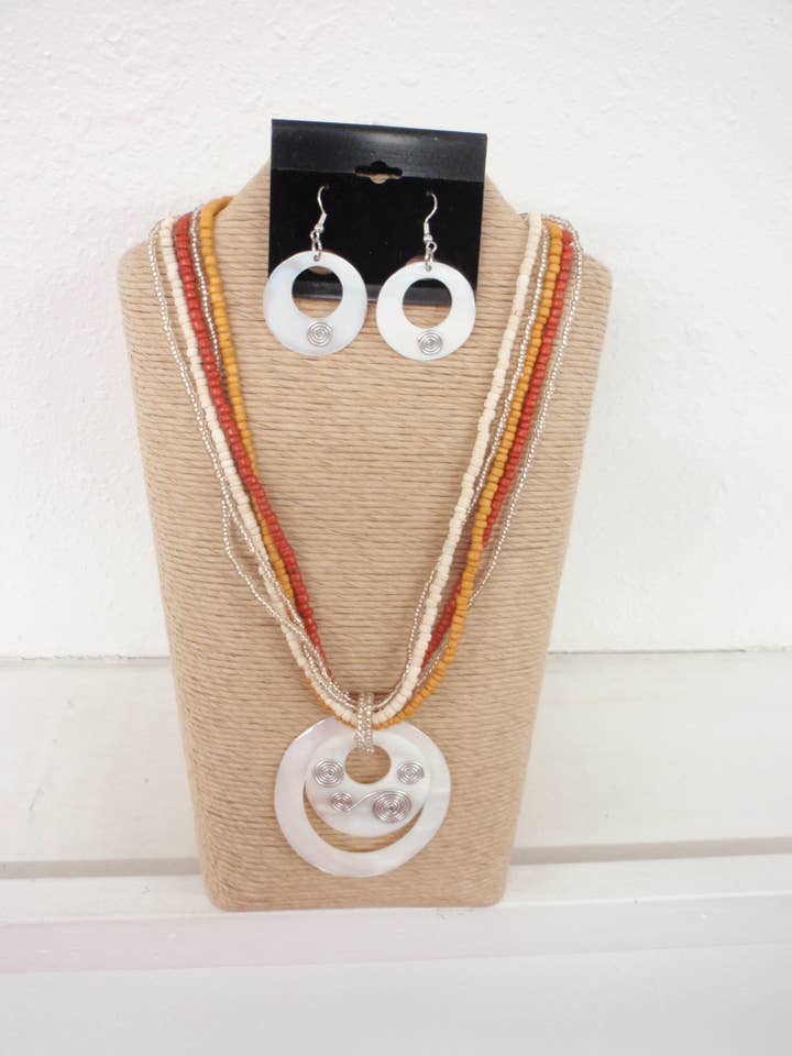 5 Strands White and Brown 2 Round Shells Necklace Set 18667 for wholesale by International Duru's