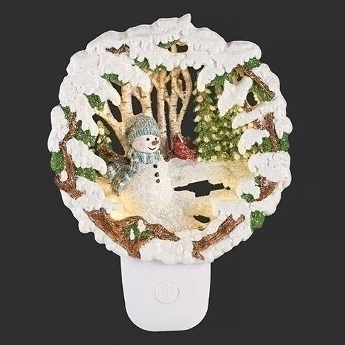 Roman - Vente Veilleuses - Scène de bonhomme de neige encadrée de neige, veilleuse pivotante à brancher