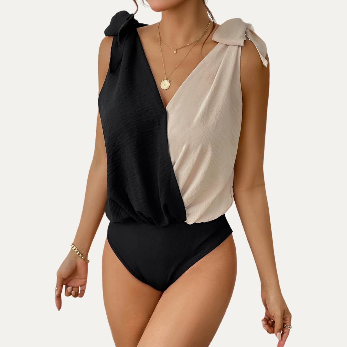 Multi Trendy Black and Apricot Color Black Tie-Strap Bodysuit for wholesale on Faire5