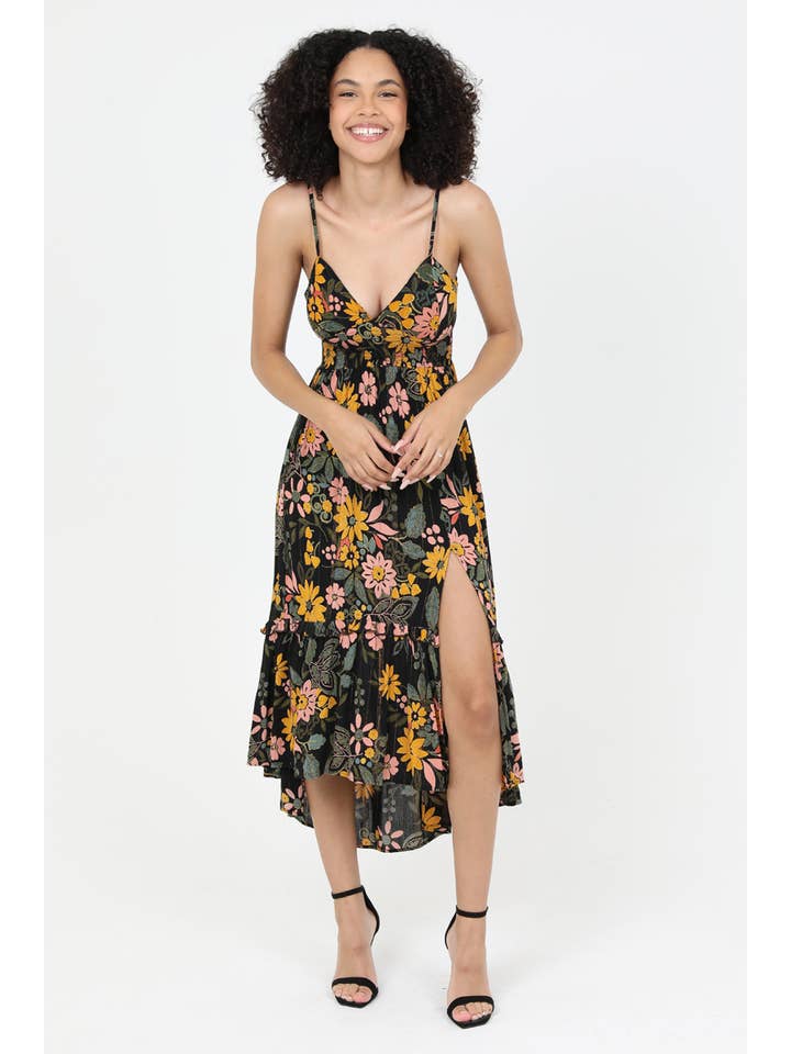 ANGIE - Wholesale Dress - Women's - C4729-A867 V NECK LACE UP BACK SLIT SKIRT MID LENGTH DRESS W