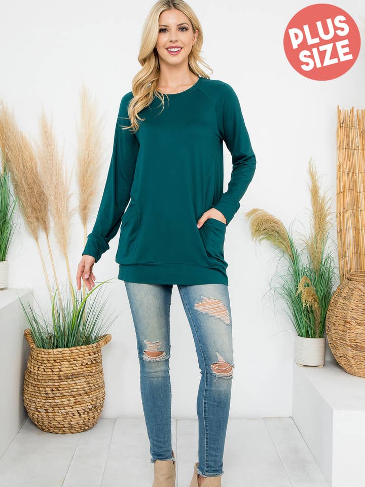You & Me - Wholesale Tunic - Women's - YMT20003XV-PLUS SIZE SOLID LONG SLEEVE FRONT POCKET TOP20