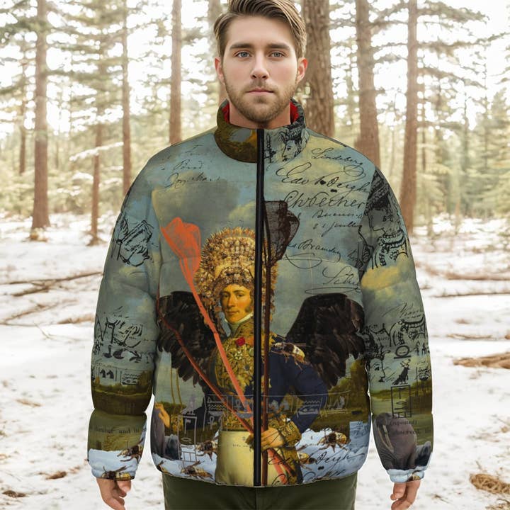Veste en duvet unisexe à col montant à imprimé intégral THE YOUNG KING ALT. 2 II pour la vente par Bønes and Balløøns