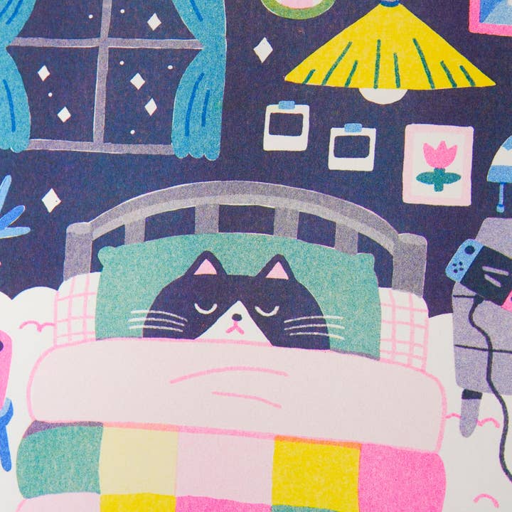 Megan Wang - Wholesale Art Print - Sleepy Cat Risograph Print1