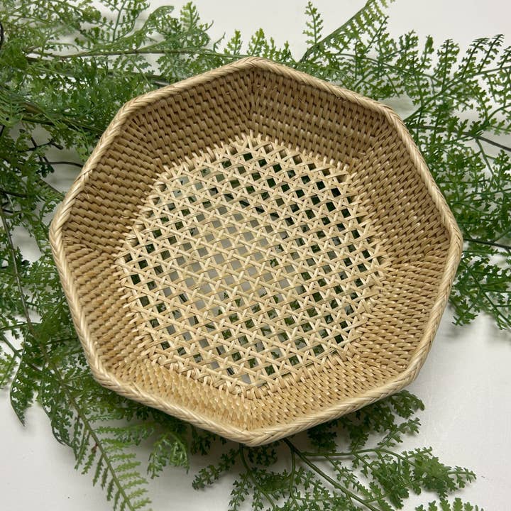 Petite octagon mini rattan mesh caning pattern tray dish for wholesale by Baskets of Cambodia