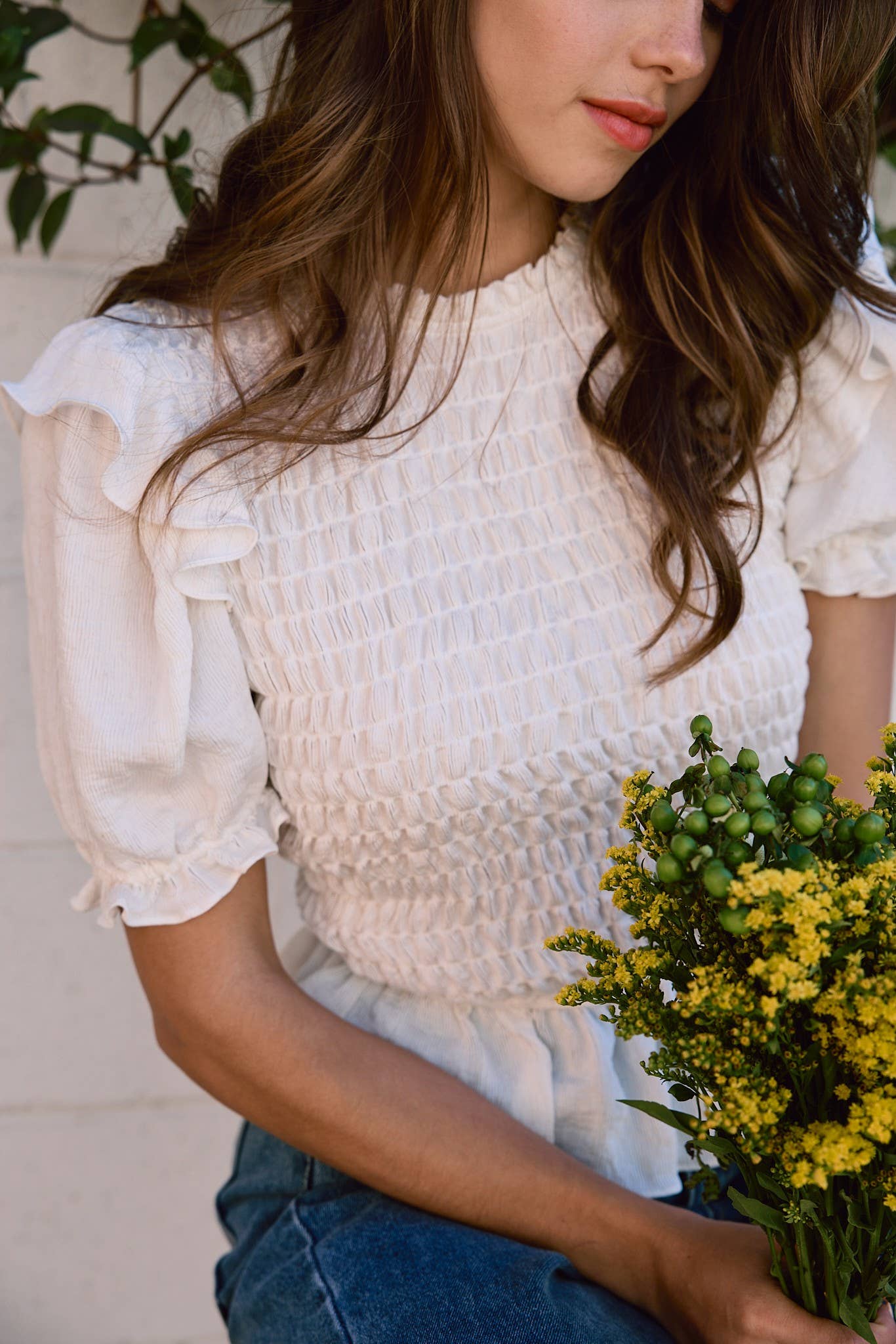 RAISONNEL - Wholesale Blouse - Women's - Linen Ruffle Smocking Blouse - RT10524