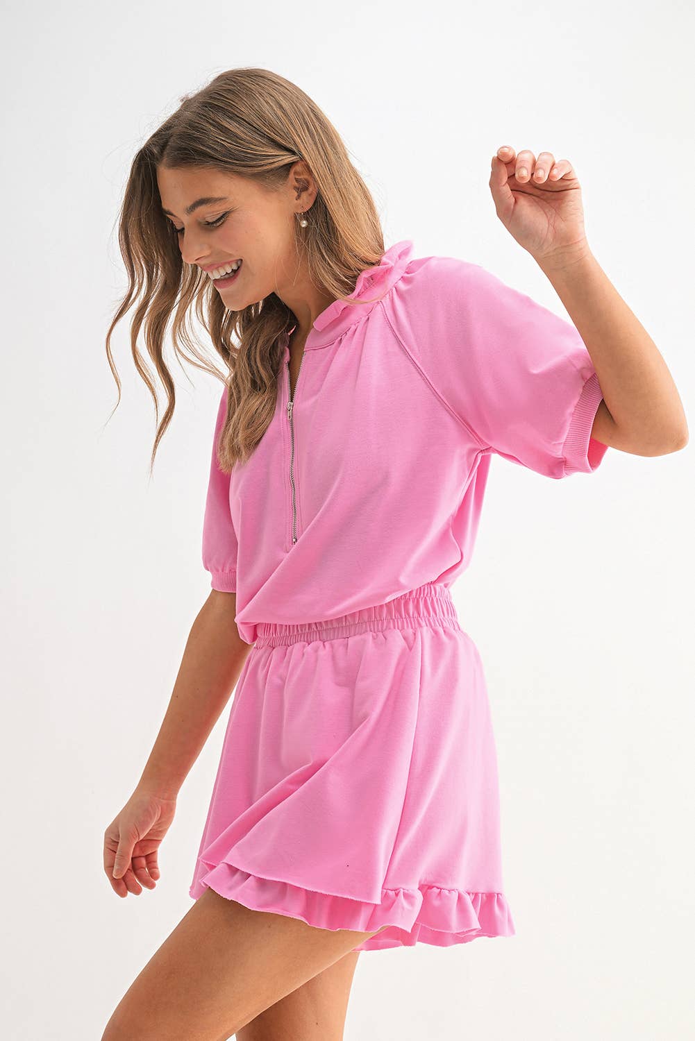 Aapparella - Wholesale Lounge Set - Women's - Pink  Zip Front Puff Sleeve Top & Ruffled Shorts Set | S-XL2