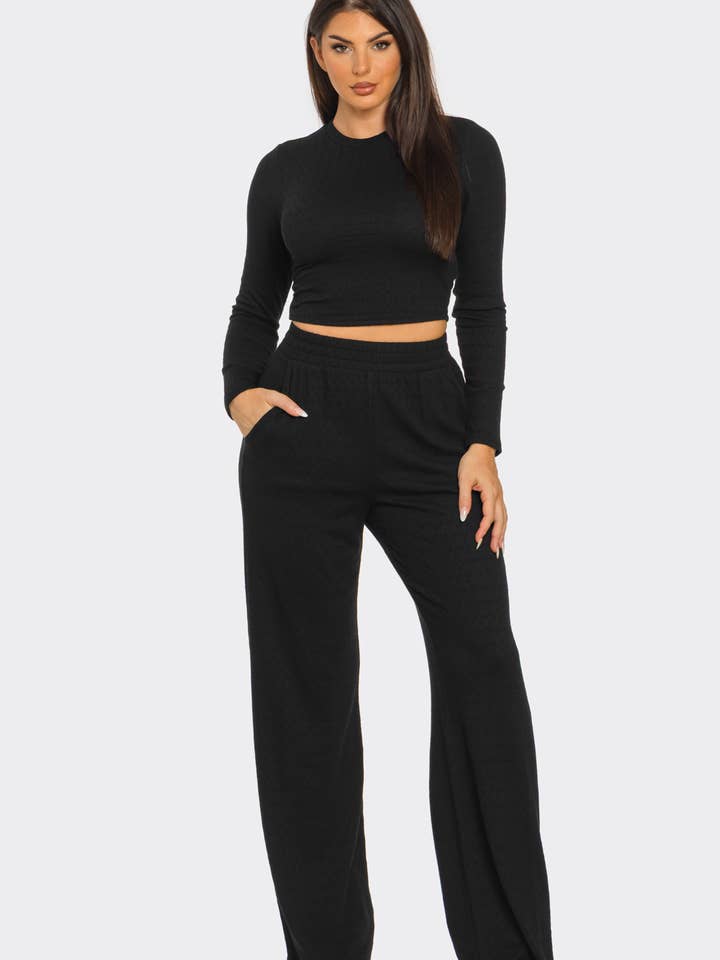 Julia by LoveJ - Wholesale Top & Pant Set (NOT Loungewear) - Women's - Texture Solid Long Sleeve Crop Top And Pants Set 11