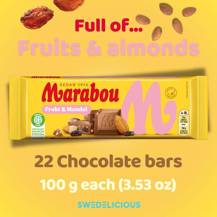 Swedelicious - Swedish Candy - Wholesale Chocolate bar - Marabou - Fruits & Almond 100G - Swedish Chocolate