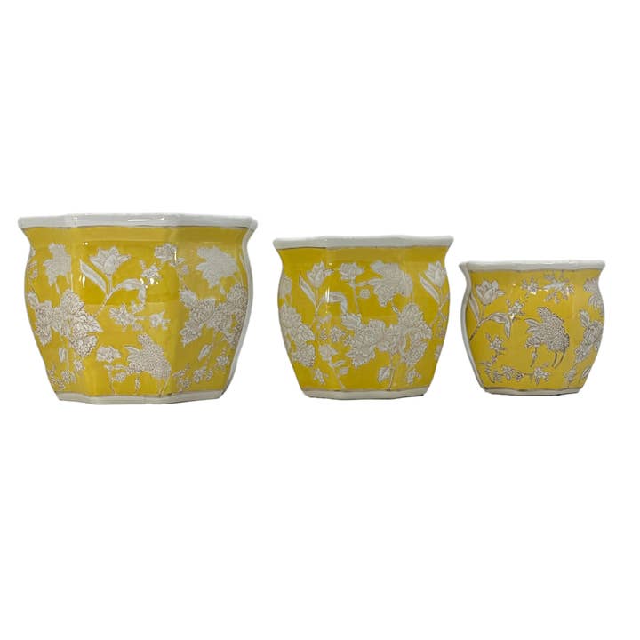 Galt International Company - Wholesale Plant Pot - Set of 3 - 7.5"/10"/13" Ceramic Chinoiserie Planter Pot Set