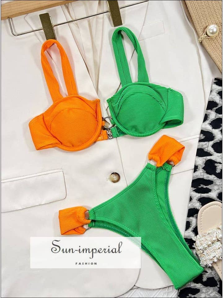 Orange And Green Block Color Under Wire Bikini Set for wholesale on Faire0