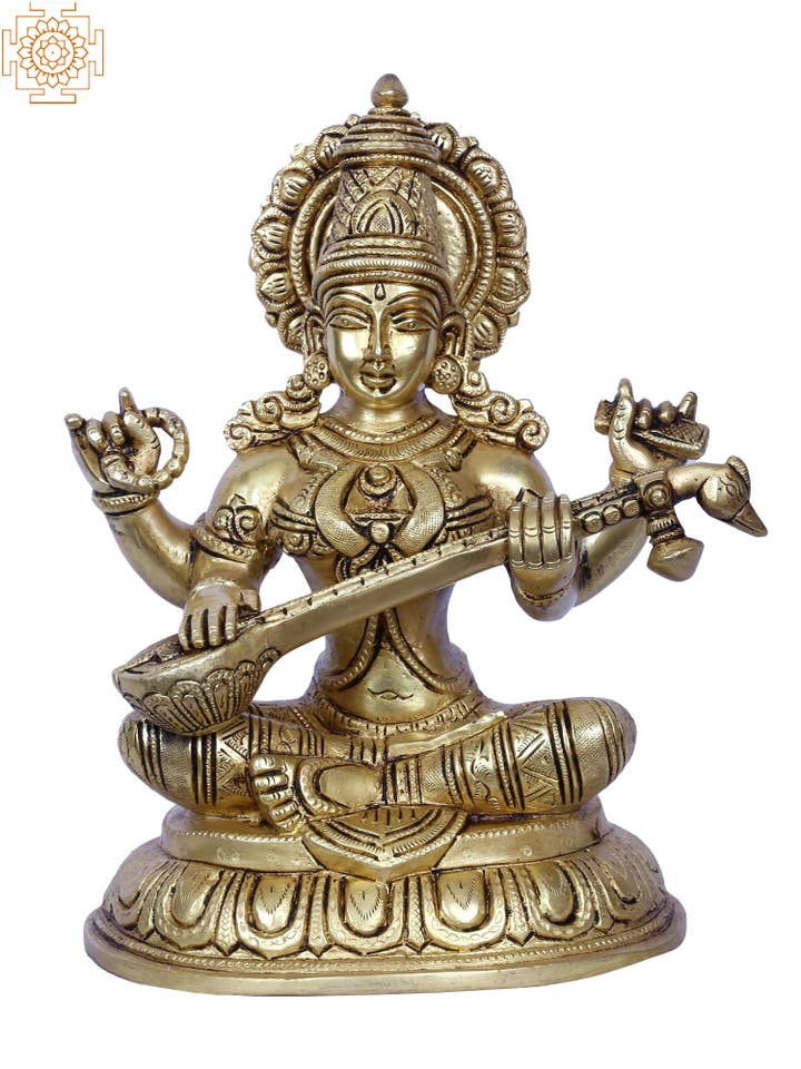 10'' Goddess Saraswati Playing Sitar | Gold-Plated Brass for wholesale by Exotic India Art