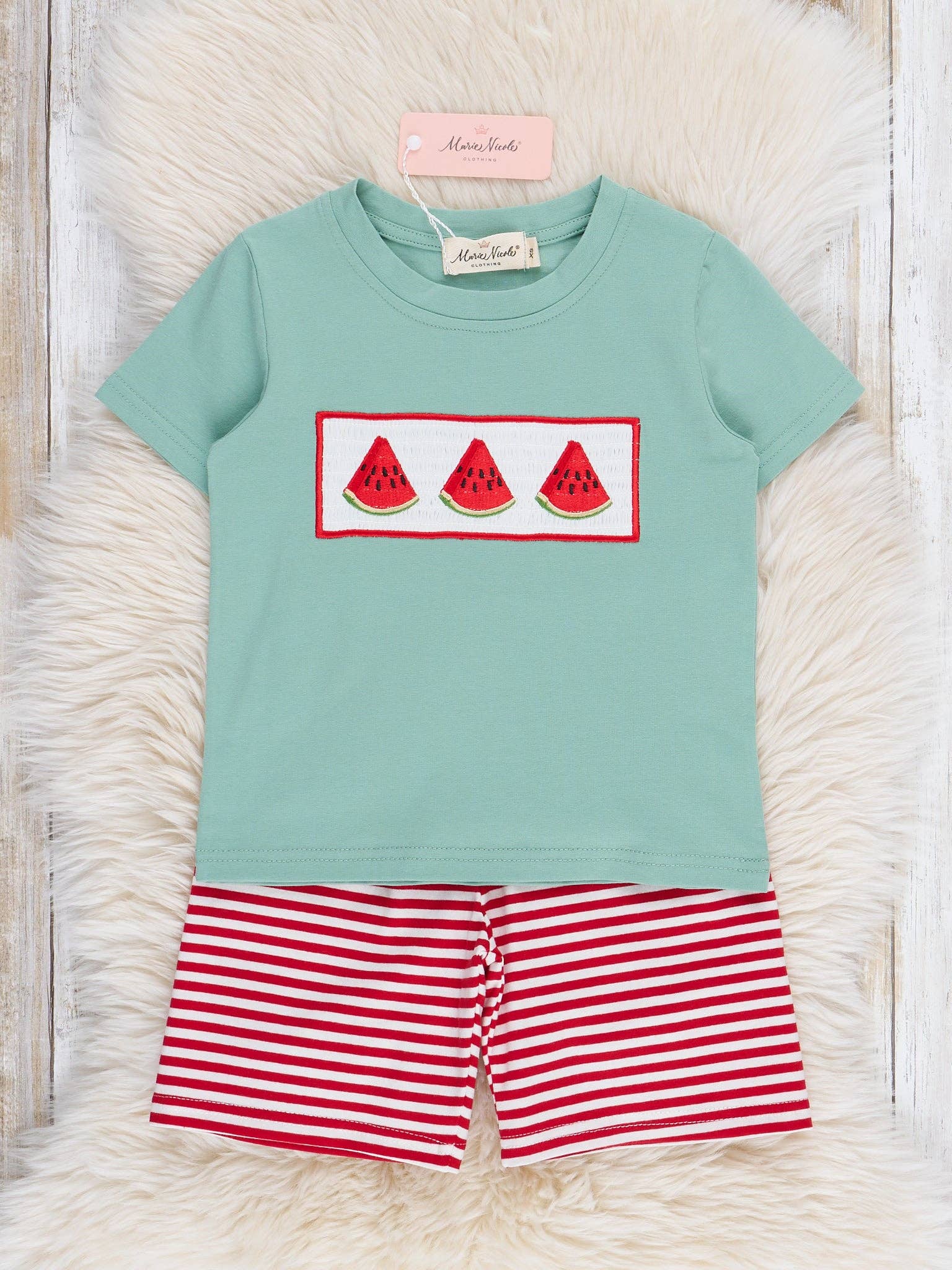 Marie Nicole Clothing - Wholesale Top & Short Set - Kids - Watermelon Stripes Smocked Outfit0