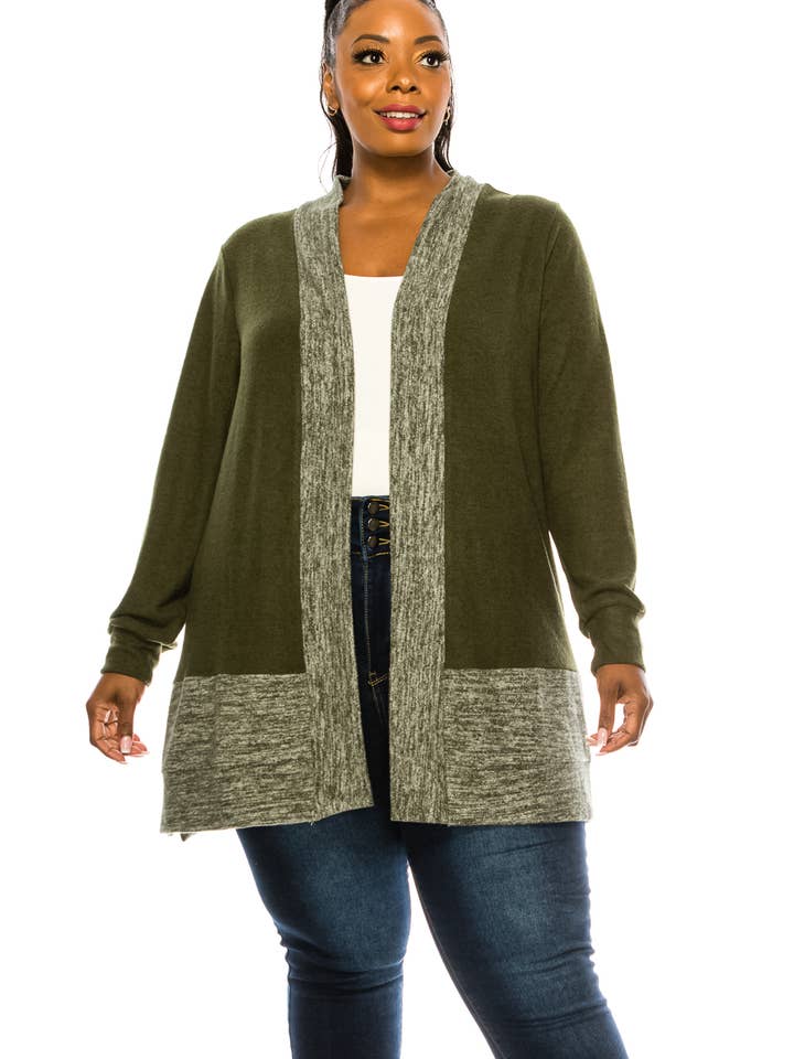 Plus Size Color Block Open Front Sweater Cardigan for wholesale by Urban Fem