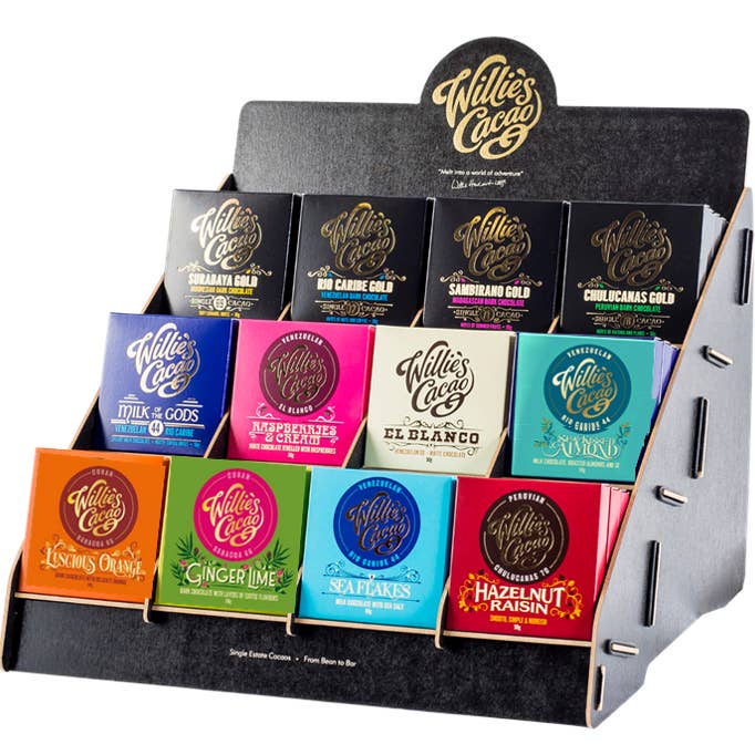 Espositore in legno 12 barre da 50 g per la vendita all'ingrosso da parte di Willie's Cacao