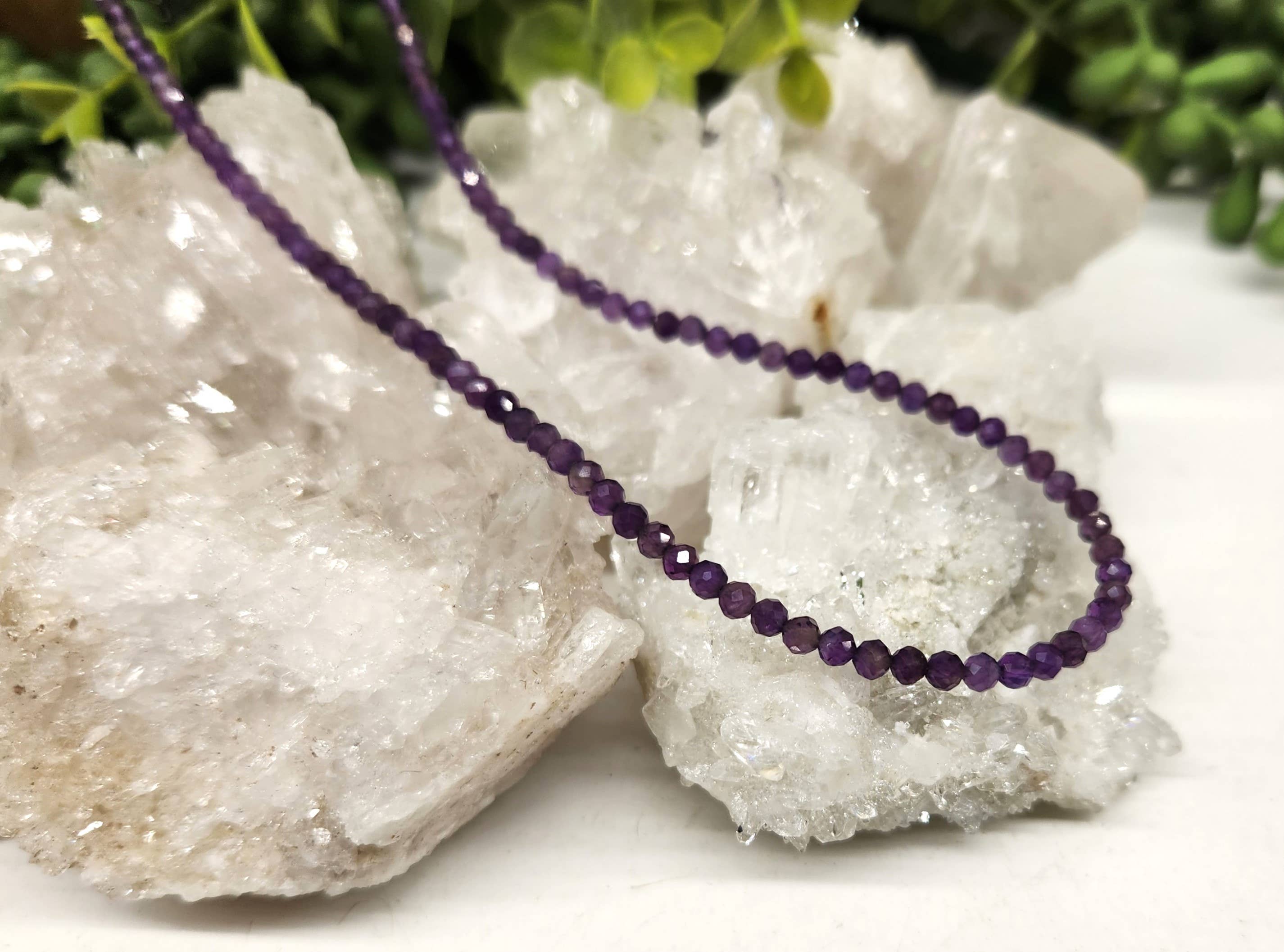 Meraki Gemstones - Wholesale Beaded/Pearl Necklace - Amethyst Faceted Necklace w/Silver Color Findings, 3mm3