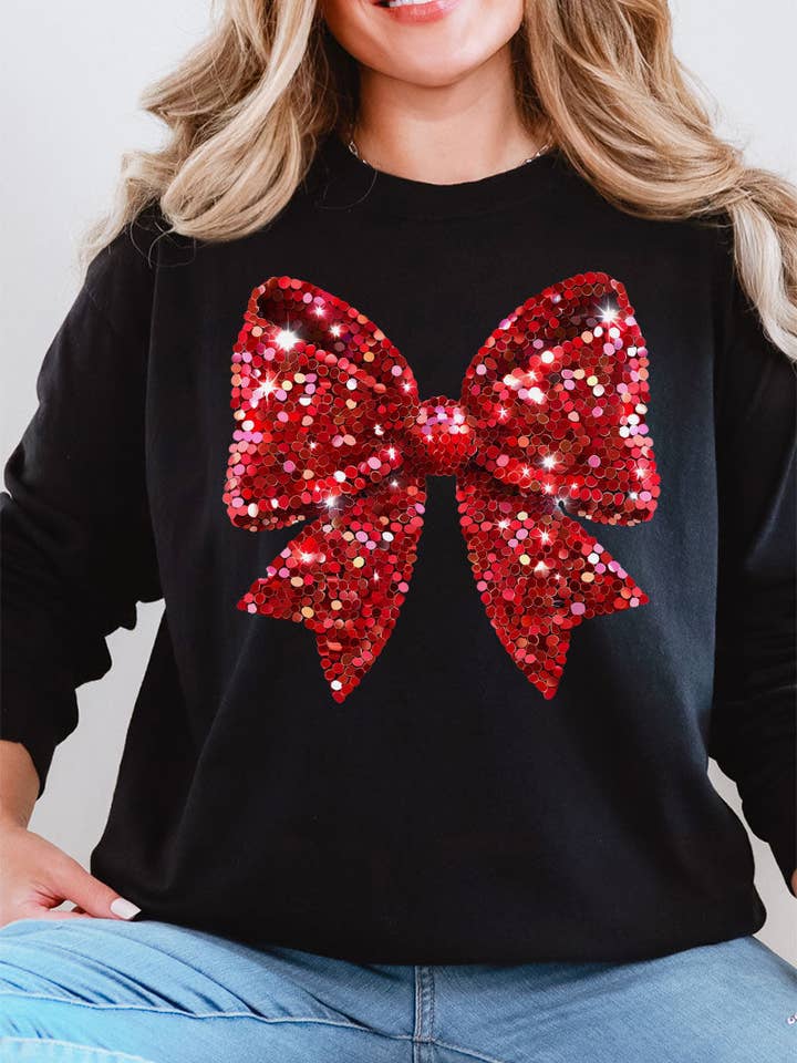 T-shirt à manches longues Confort Couleurs avec nœud coquette rouge à faux sequins pour la vente par Wholesale Accessory Market