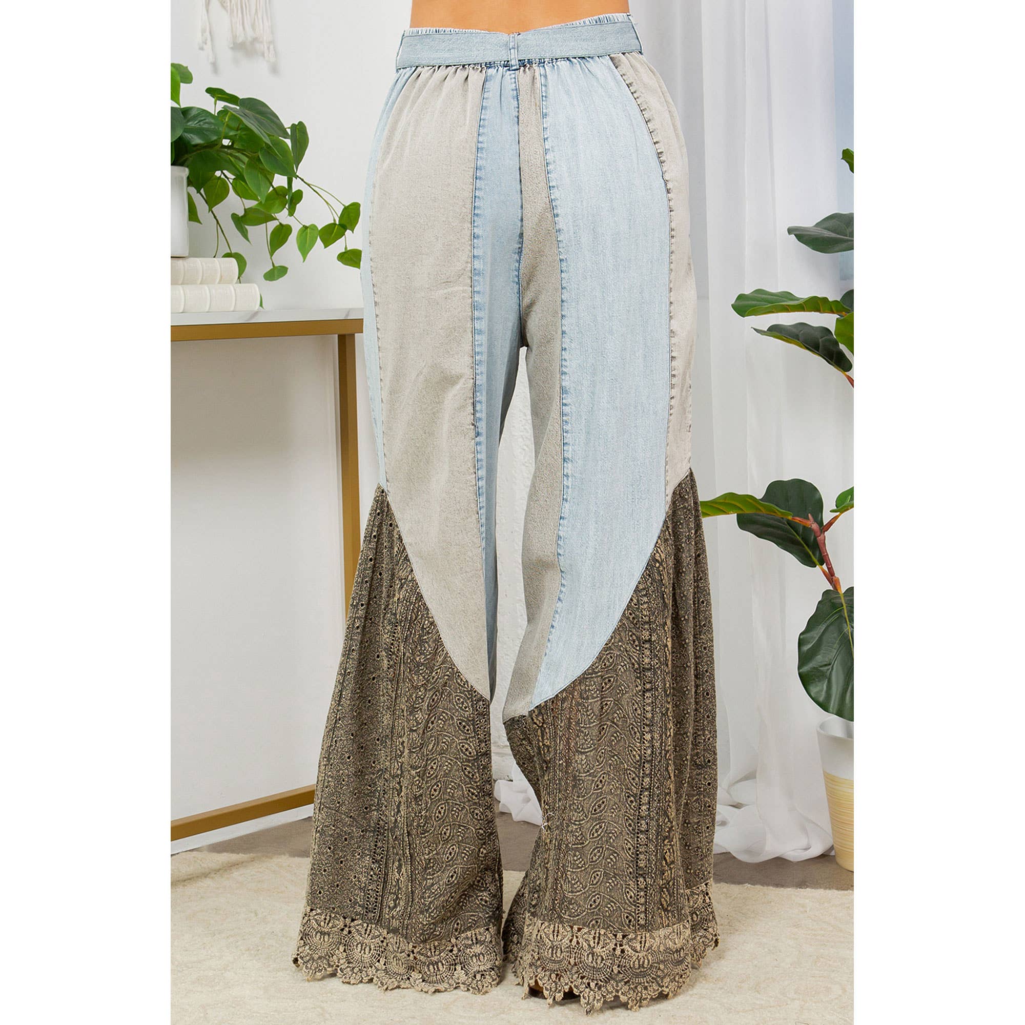 Aqua Wild West Lace Rhapsody Denim Lace Flare Pants for wholesale on Faire3