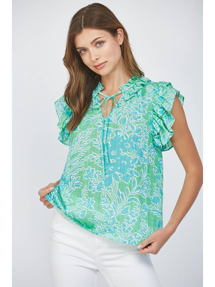 GREEN MULTI FLUTTER SLV RUFFLE COLLAR TOP FT22201 for wholesale on Faire