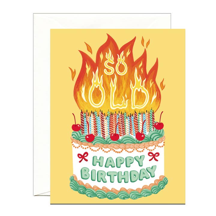 Yeppie Paper - Wholesale Birthday Card - Vintage Cake with Too Many Candles on Fire Birthday Card