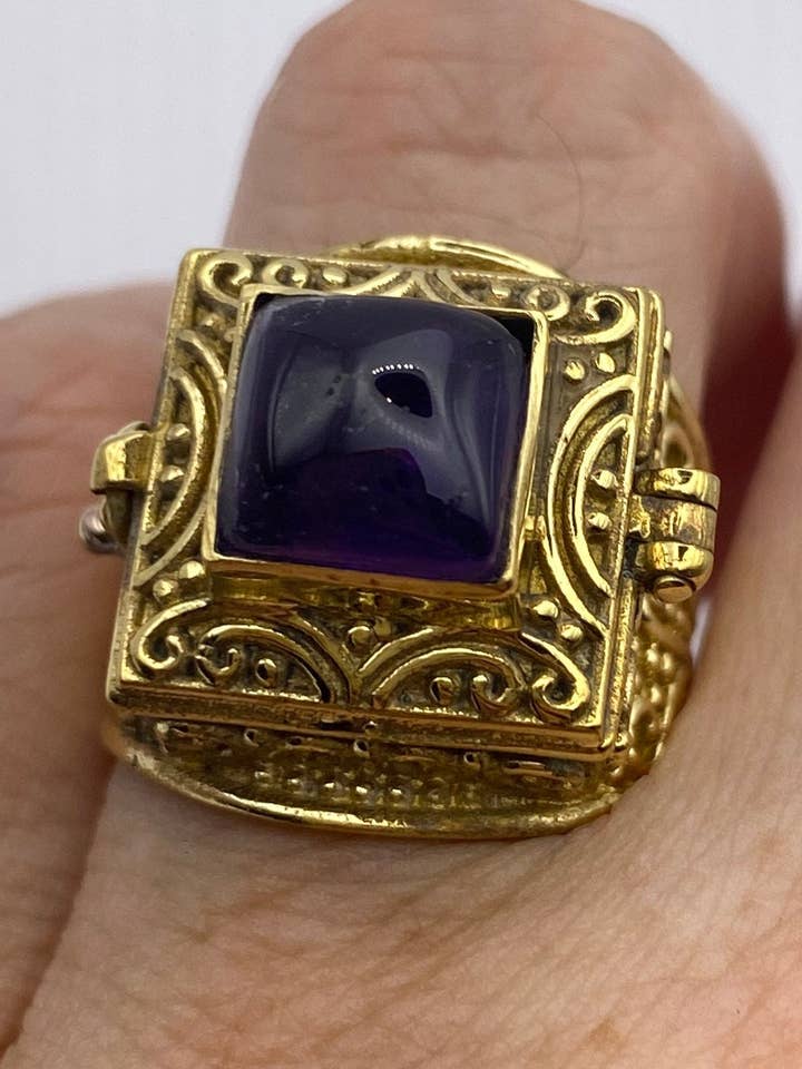 Vintage Purple Amethyst Brass Poison Pillbox Ring for wholesale by Nemesis Jewelry NYC