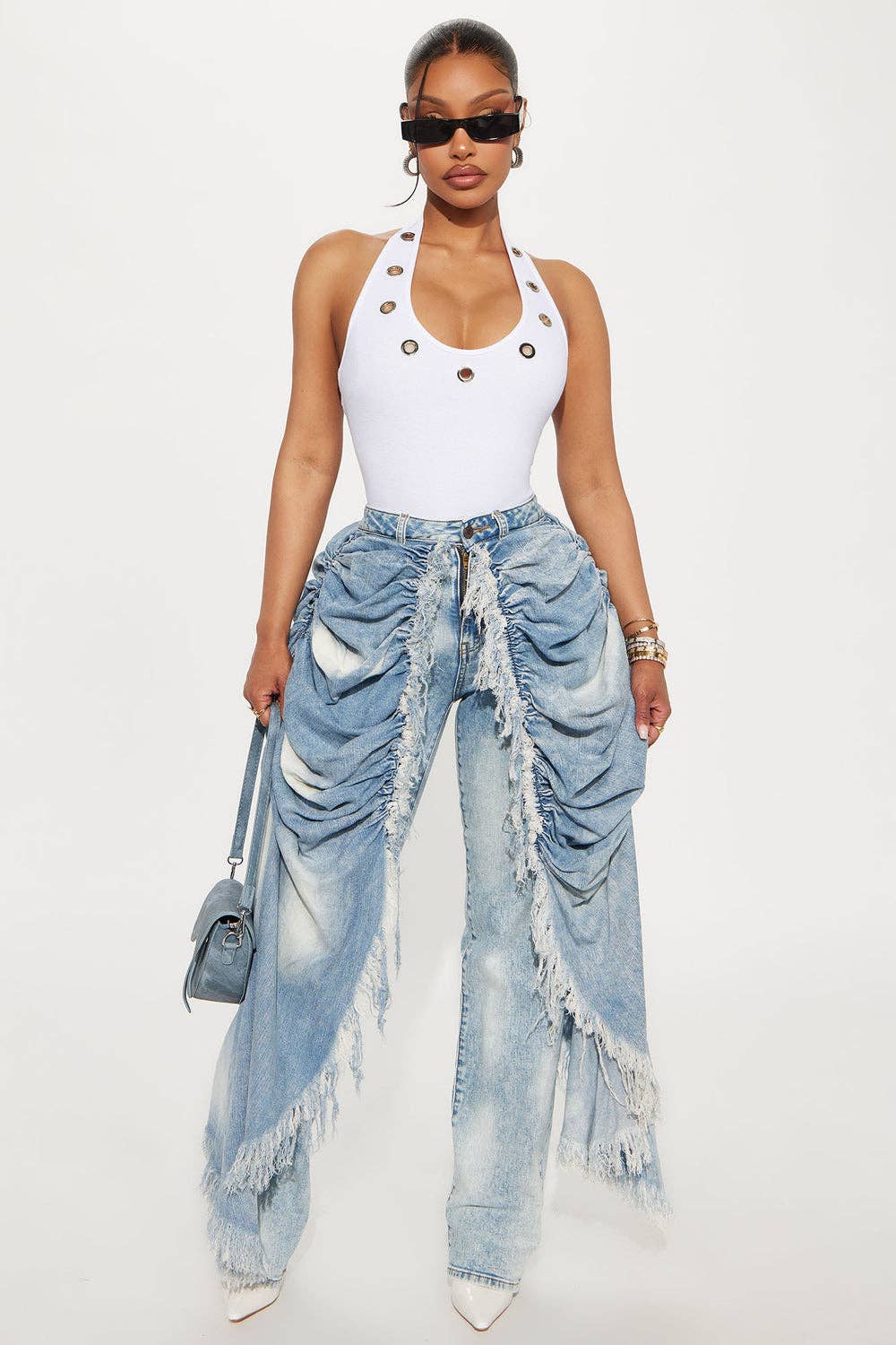 Light Denim DISTRESSED SKIRT OVERLAY STRAIGHT JEANS for wholesale on Faire1
