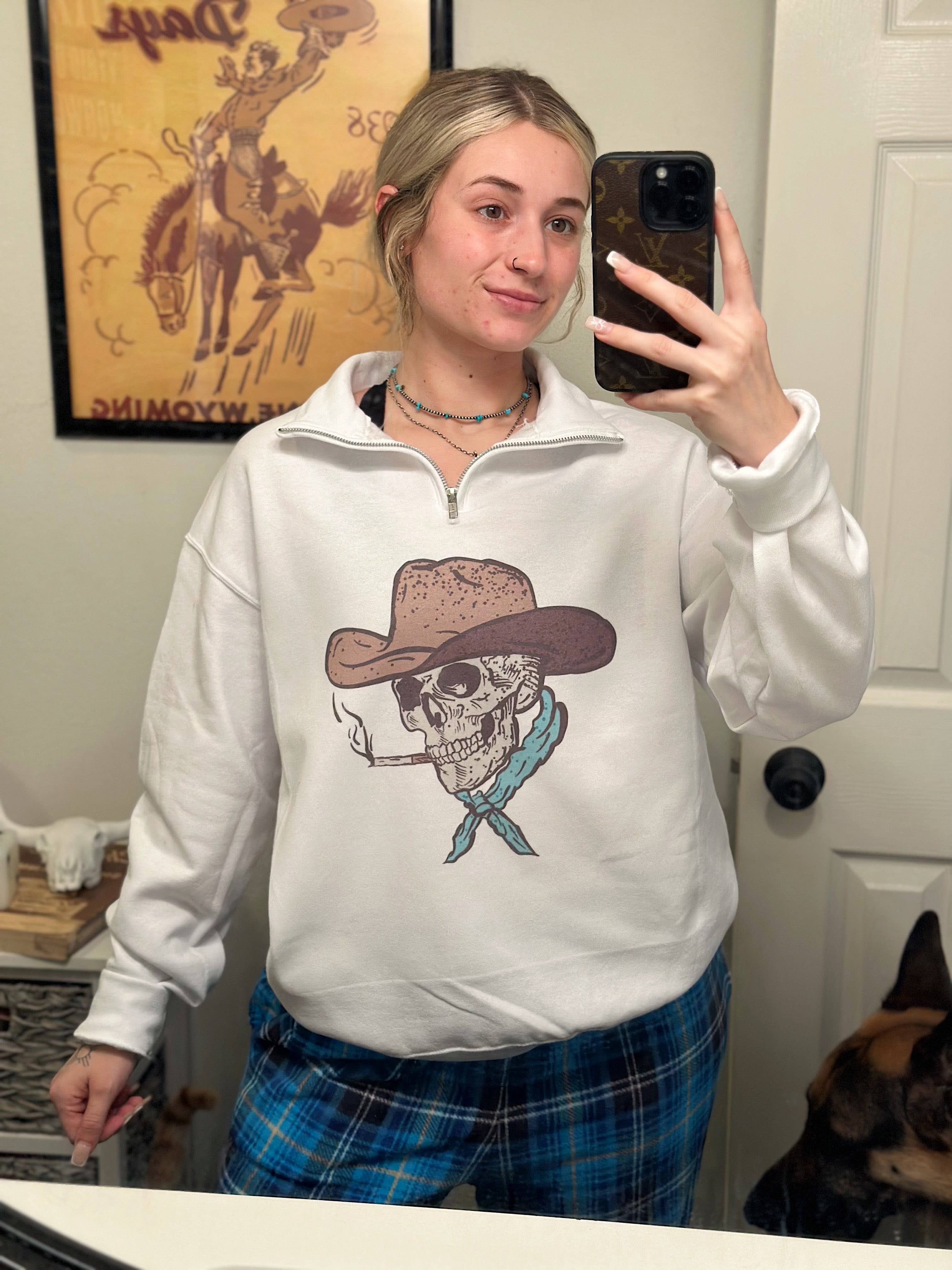 Gunpowder and Glam Boutique - Venta al por mayor Sudadera estampada - Mujer - Cuarto de cremallera de esqueleto vaquero2