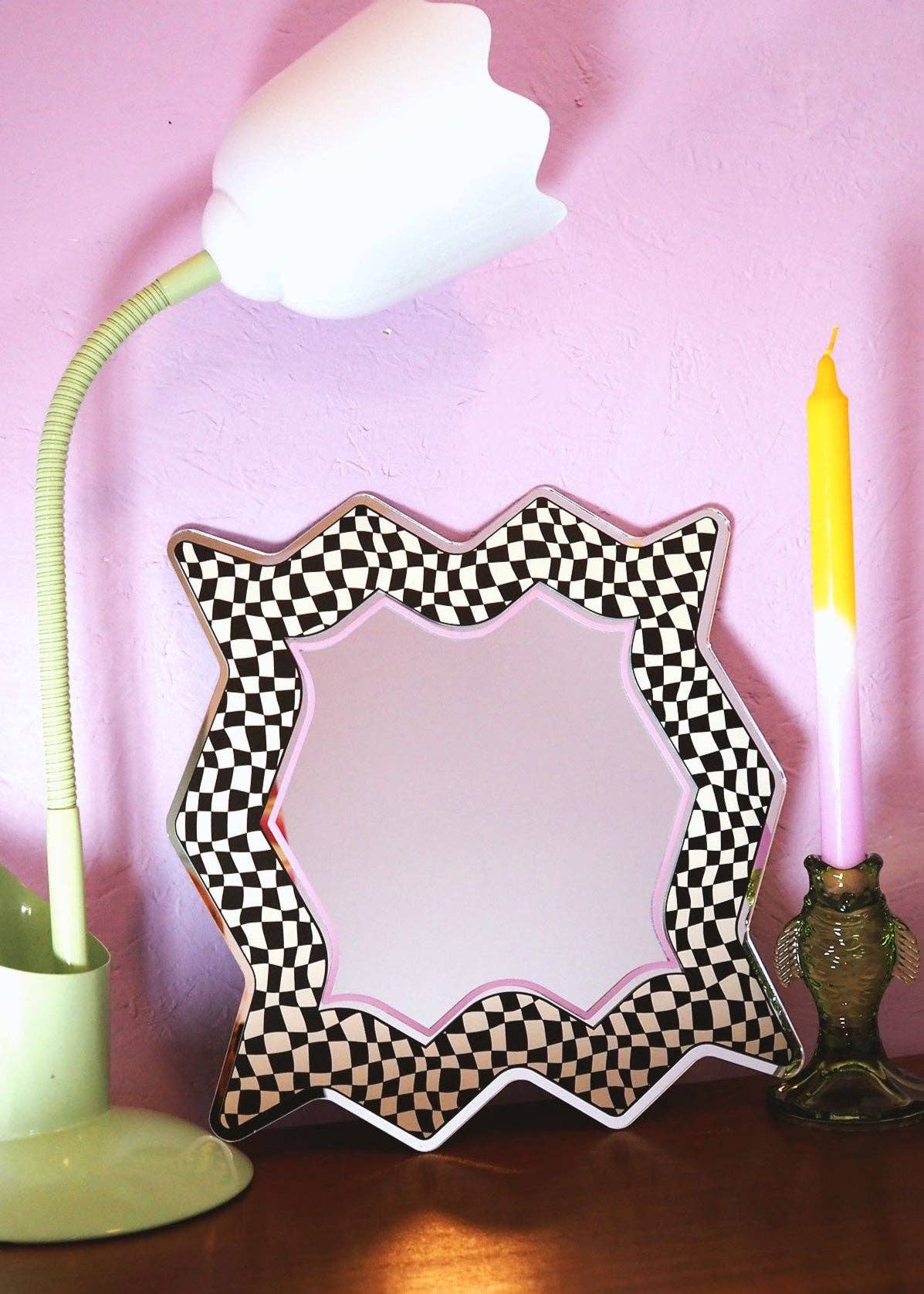 Printed Weird – wholesale Wall mirror – Spikey Checkerboard Mirror - Black/Cream/Pink0