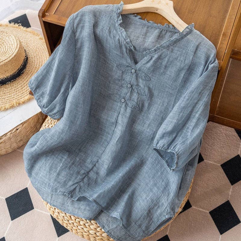 UZ Wholesale Store - Wholesale Blouse - Women's - Women's Organic Cotton  V-Neck Short Sleeve Loose Shirt6