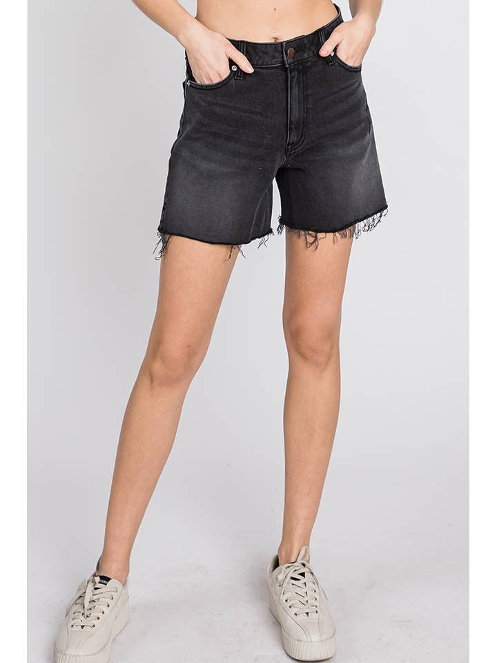 TS01630-Side Slit A-line Shorts-Washed Black for wholesale by L.T.J Letter to Juliet