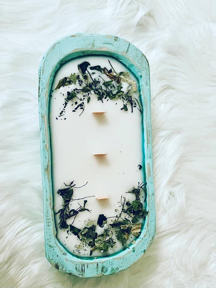 Dough Bowl-natural wood, White, blue for wholesale by Cyan Candle Company