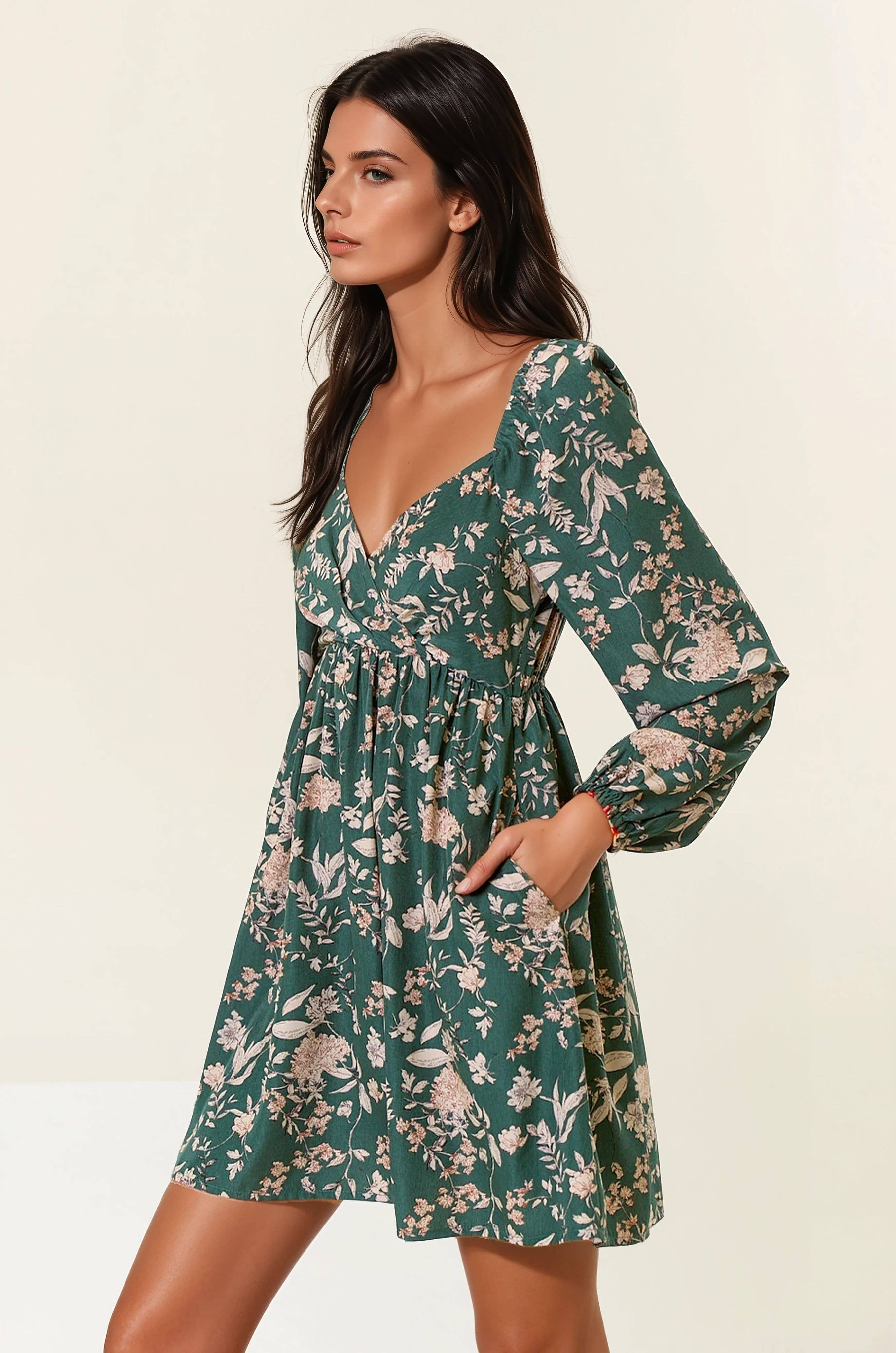 DK FOREST FLORAL PRINT LONG SLEEVE MINI DRESS - 27834D for wholesale on Faire2