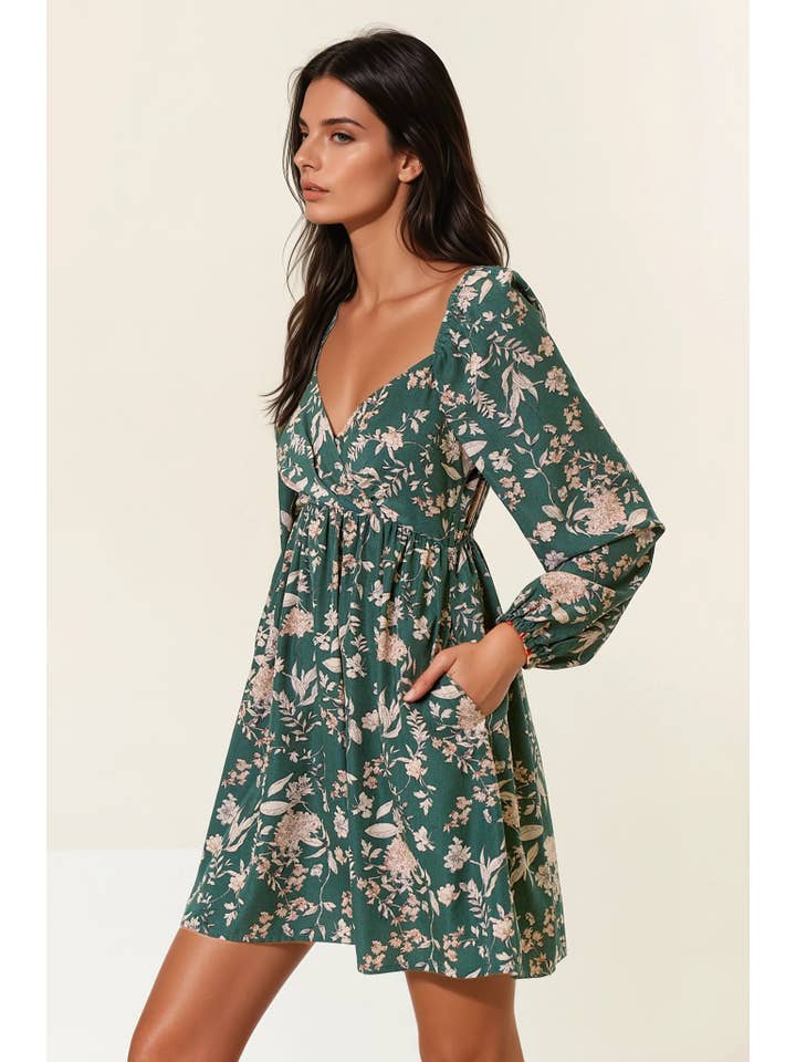 DK FOREST FLORAL PRINT LONG SLEEVE MINI DRESS - 27834D for wholesale on Faire2