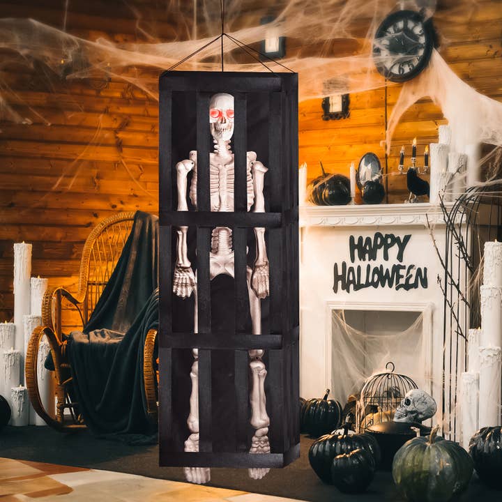 Fun Little Toys - Wholesale Outdoor Ornament/Decor - Interactive 64" Halloween Hanging Skeleton Cage2