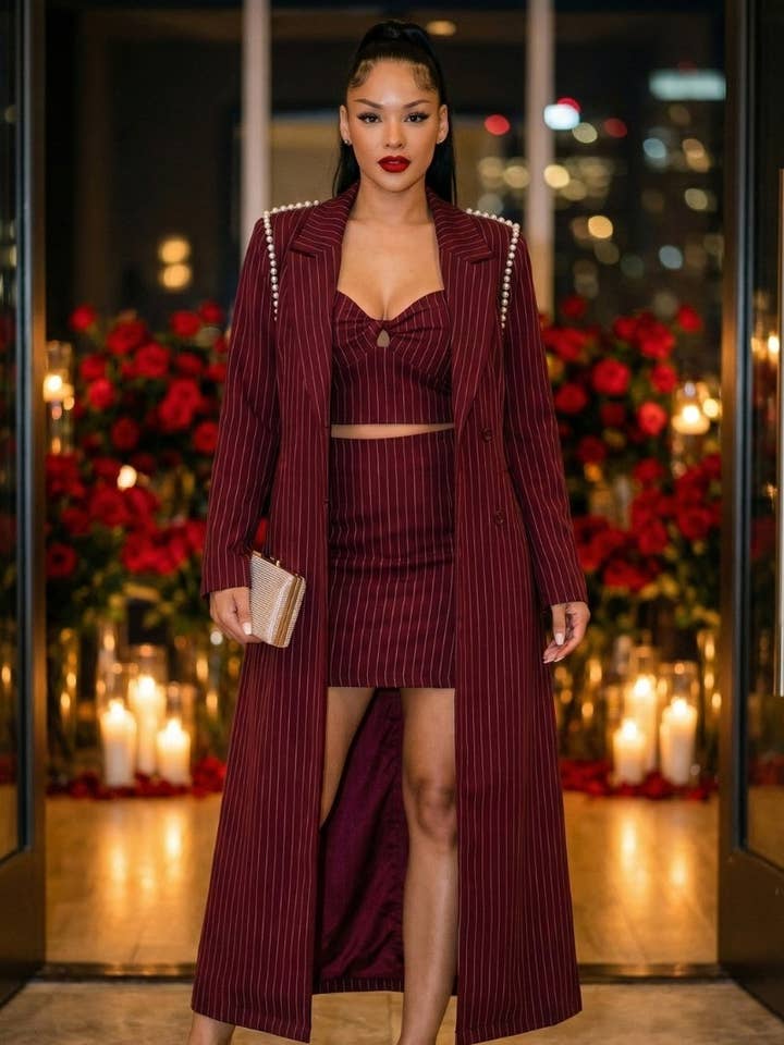 Burgundy Pinstripe Three-Piece Coat Set for wholesale by Athina Collection