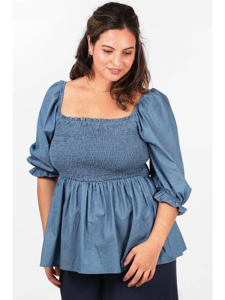 Sarta – wholesale Blouse – Women’s – Denim Look Milkmaid Top with Puff Sleeves in Blue4