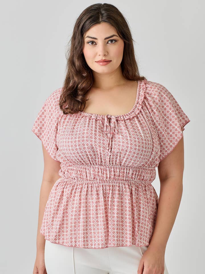 Plus Size Geometric Print Smocked Peplum Top JK18999-T for wholesale by Haute Fox Plus Size & Contemporary