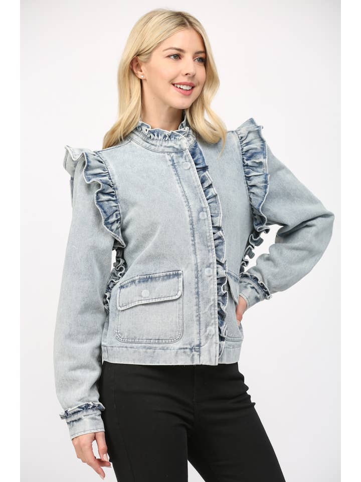 RUFFLE DETAIL WASHED DENIM JACKET FJ75137 for wholesale on Faire