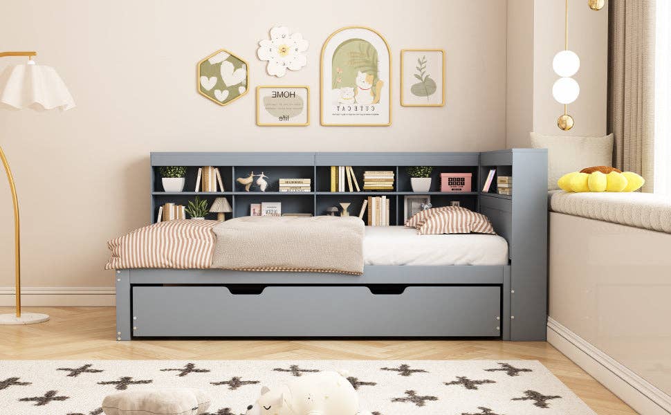 Urban Meuble - Wholesale Bed - Solid wood trundle bed gray 90*200 with USB port and multiple storage GIRCAET14