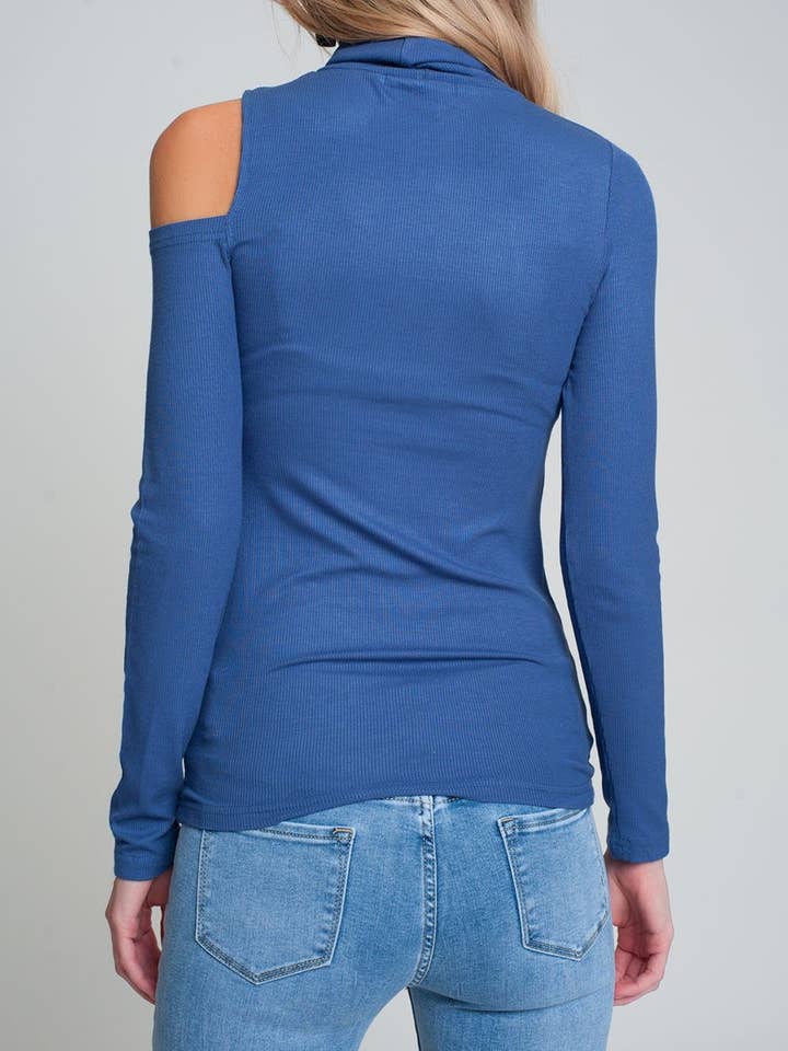 bleu Pull bleu avec une épaule ouverte et col montant en vente sur Faire5