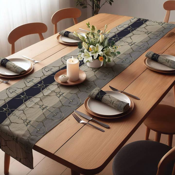 Snaffle Bit and Rein Navy Stripe Equestrian Table Runner for wholesale by All Designs Equine