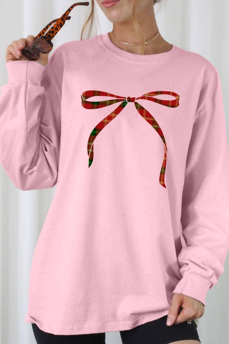 COLORBEAR - Vendita all'ingrosso Maglietta stampata - Donna - Maglietta grafica natalizia a maniche lunghe con fiocco rosso4