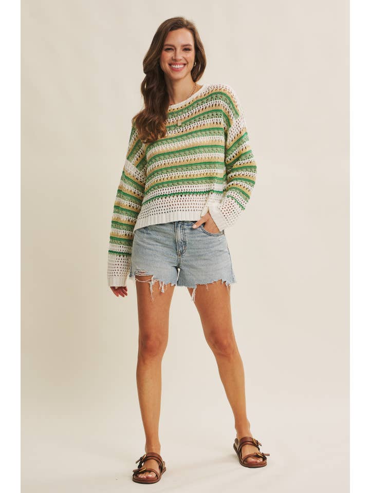 in february - Wholesale Knit Sweater - Women's - BRIGHT VIBRANT MULTI STRIPE LOOSE FIT CROCHET SWEATER TOP26