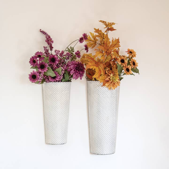 Col House Designs - Wholesale Basket - 2/Set, White Washed Basketweave Metal Half Wall Baskets2