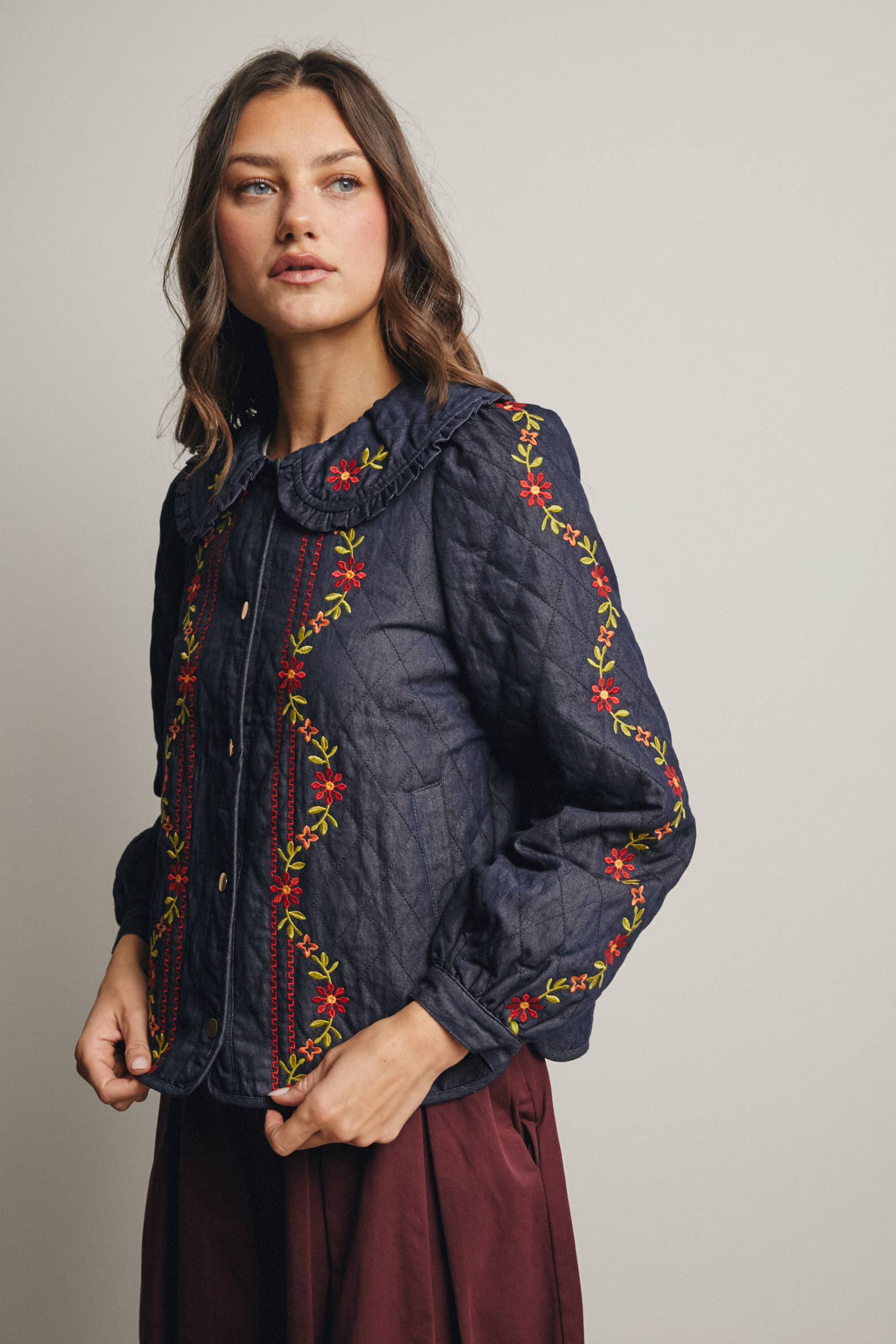 Midnight Indigo Embroidered Quilted Denim Jacket FJ0008 for wholesale on Faire8