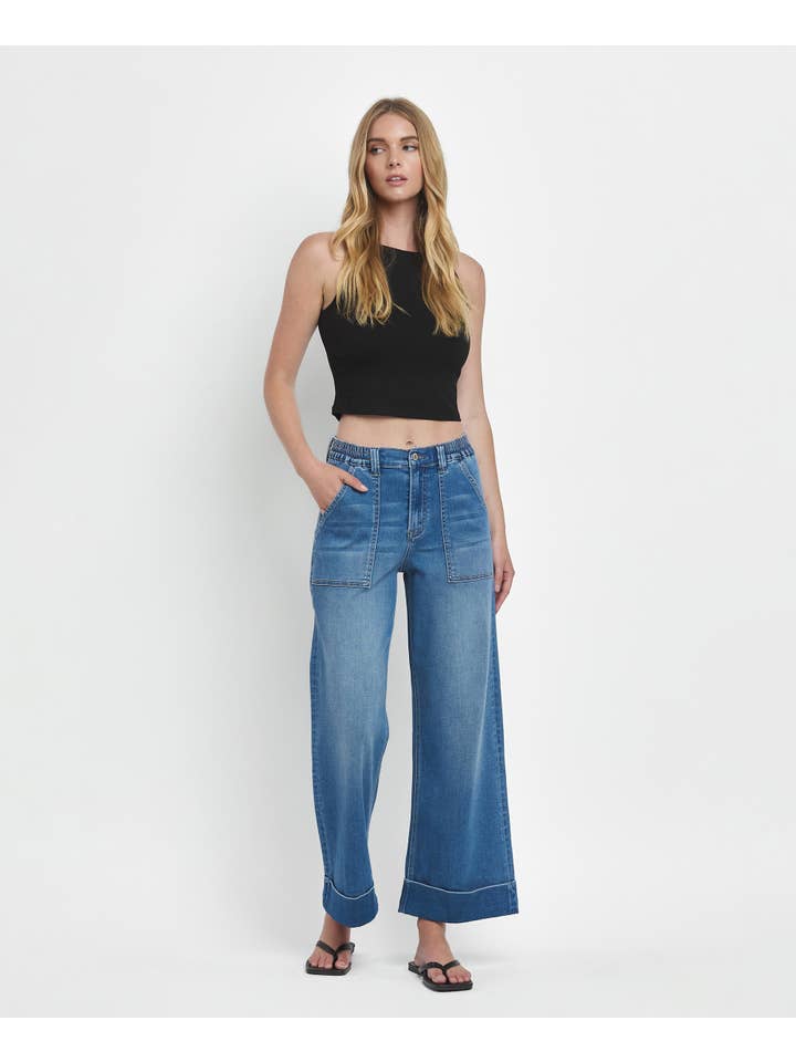ENVIABLY HIGH RISE DOUBLE CUFFED BAGGY WIDE JEANS V3589 for wholesale on Faire