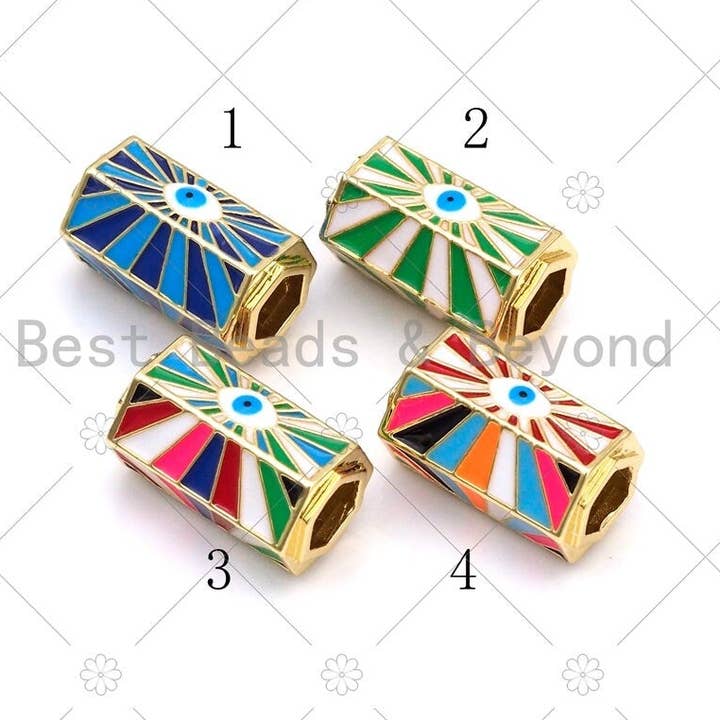 BestBeads&Beyond - Wholesale Beads - Colorful Enamel Evil Eye On Hexagon Shape Large Hole Tube Spacer Beads, 18K Gold Filled Drum Barrel Beads,14x22mm, Sku#Y5310