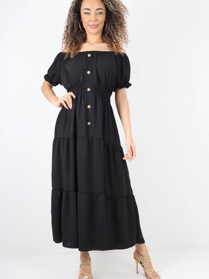 Miss Bold - Wholesale Dress - Women's - Italian Shirred Waist Button detailed Puffed Sleeve Maxi dress