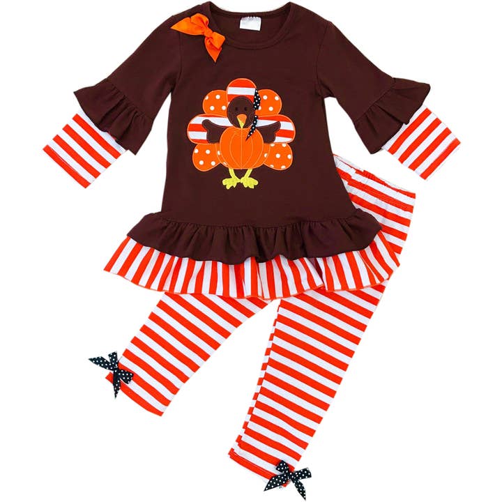Conjunto de pantalón y top de rayas de pavo de Acción de Gracias para bebé para venta al por mayor de Angeline Kids