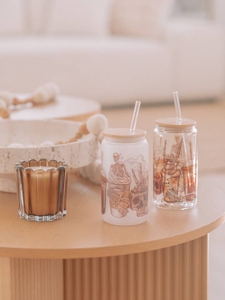 HALOWEEN COFFEE GLASS TUMBLER W/ BAMBOO LID & GLASS STRAW for wholesale by KNOTS + NOOK