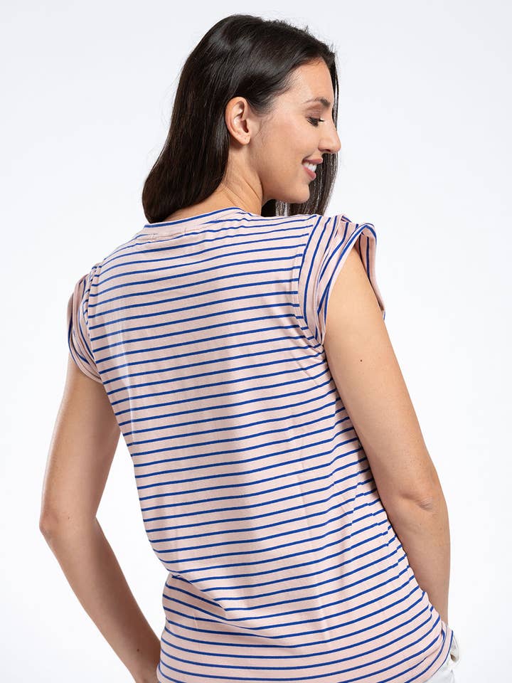 Pentlebay Clothing - Wholesale Loungehemd - Dames - T-shirt met ruches mouwen in roze marine streep2